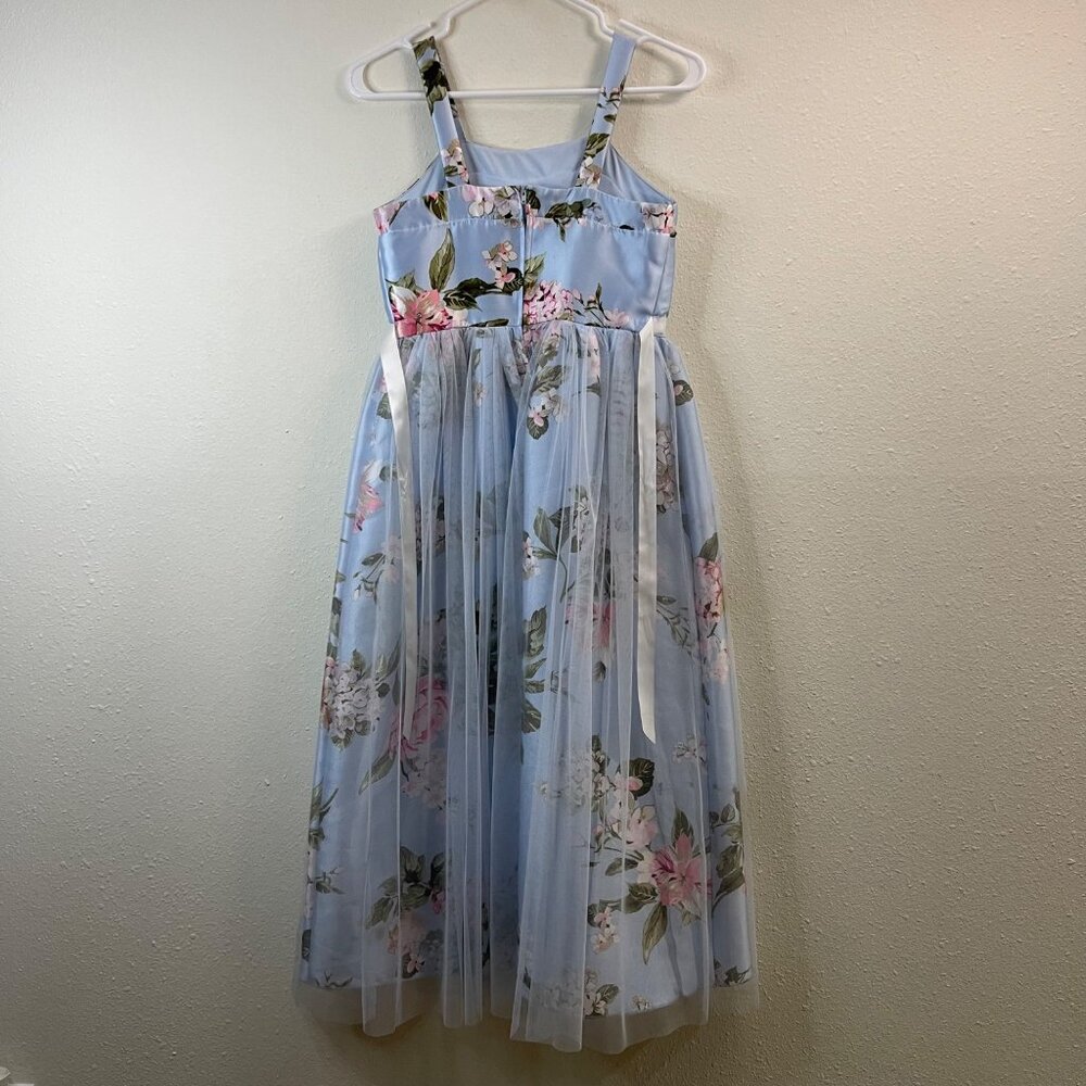 Floral Light Blue Sleeveless Girls Party Dress With Tulle Overlay & Satin Finish - Picture 5 of 14
